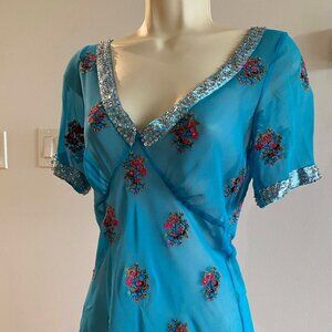 Plenty Turquoise Silk Chiffon Embroidered Sequin Wrap Top | Boho | Size 4